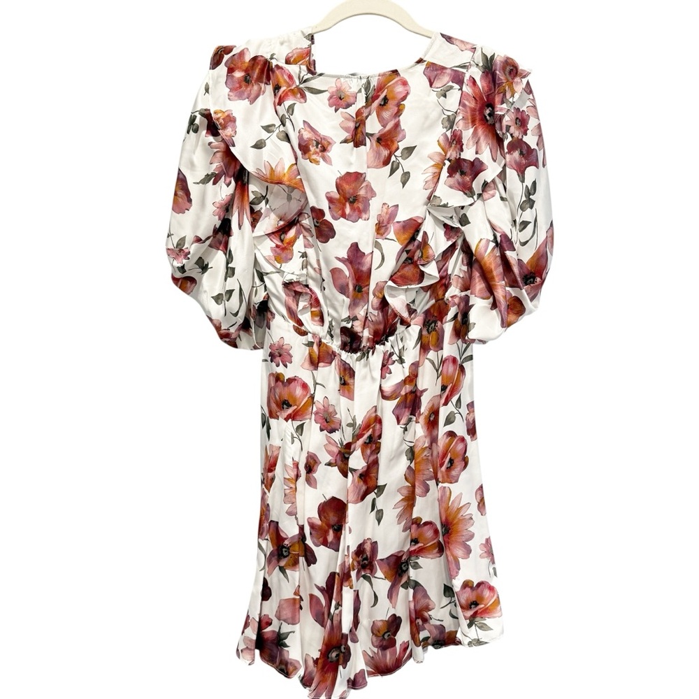 The Kooples Dress Silk Floral Print Wrap Mini Pink White Puff Sleeves Boho NWT - Picture 13 of 14